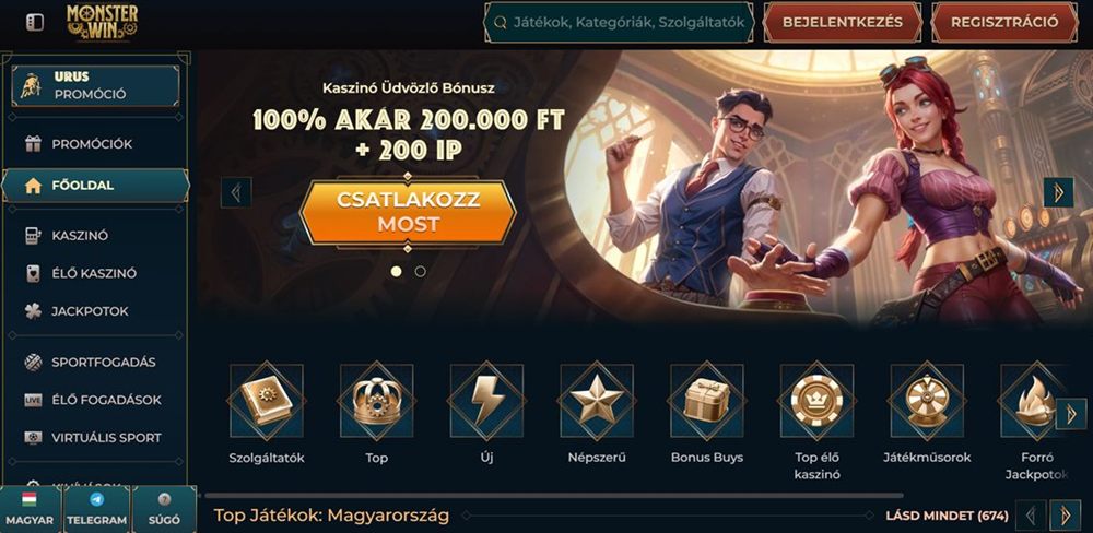 A MonsterWin kaszinó magyar nyelvű kezdőoldala