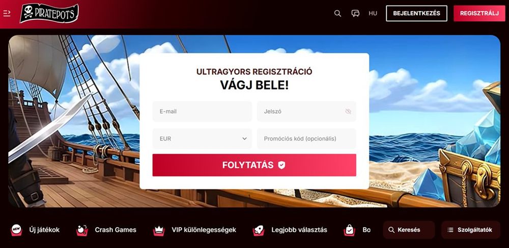 A PiratePots kaszinó magyar kezdőoldala
